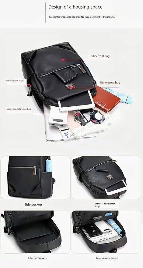 Business Men and Women PU Leather Backpack 15.6inch Laptop Waterproof Backpack Travel Commuter Lightweight schoolbag (Black backpack7,Large)