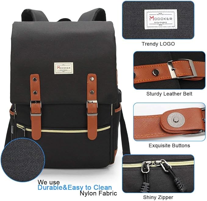 Modoker Eco-Friendly Vintage Laptop Backpack for Women Men,Travel Backpacks with USB Charging Port Fashion Backpack Fits 15.6Inch Notebook, Black