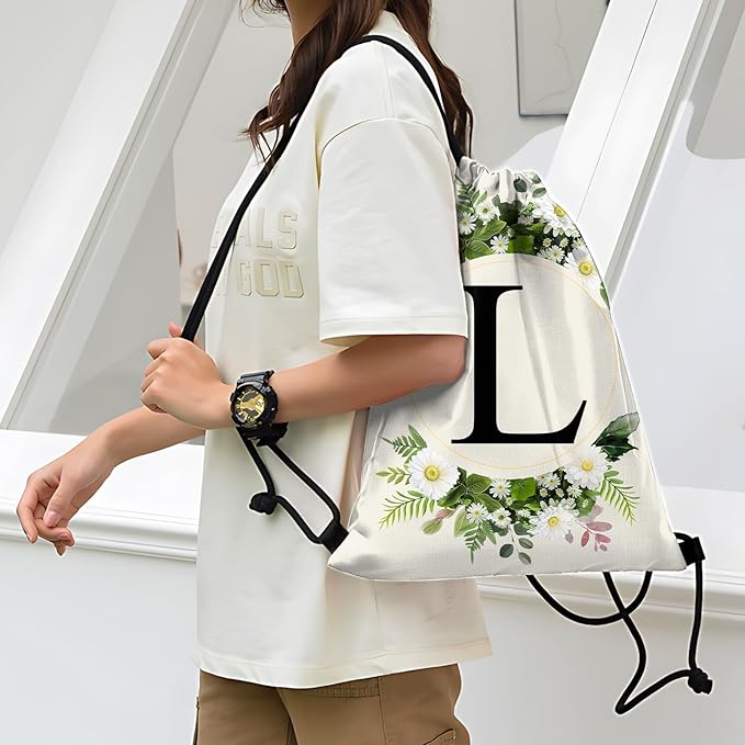 Initial Letter Drawstring Backpack String Sports Gym Bags Waterproof Sackpack Cute for Men Women Beach (13"×17") (Letter-L)