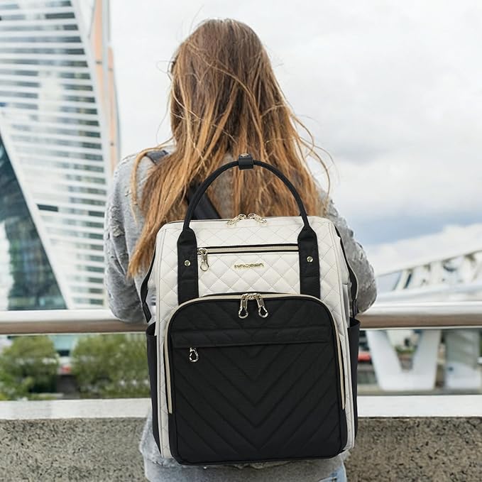 KROSER Laptop Backpack 17" Stylish Backpack Water Repellent College Casual Daypack with USB Port Travel Business Work Bag for Men/Women-Beige/Black