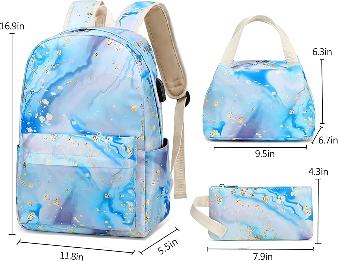 Teen Girls School Backpack Kids Bookbag Set with Lunch Box Pencil Case, Travel Laptop Backpack Casual Daypacks (Blue-marble)
