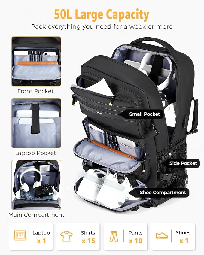 Travel Backpack for Men, 50L Carry On Flight Approved Convertible Duffle Bag with Shoe Compartment, 17 inch Laptop Luggage with USB Charging Port for Weekender Hiking, Black