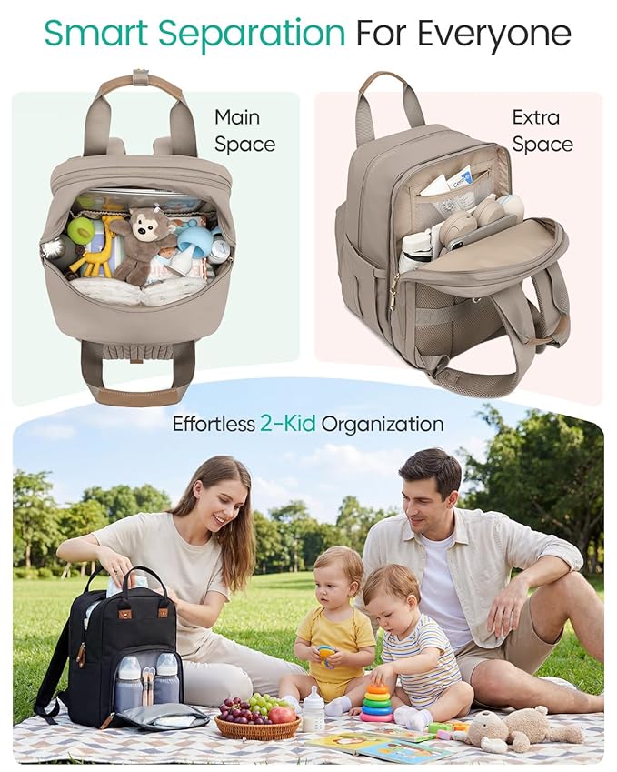 Extra Large Diaper Bag Backpack for Two Kids Twins - Expandable (26-36L) Baby Bag for Mom Girls Boys, Dual Big Compartments - Includes Changing Pad & Stroller Straps, Khaki, Quilted
