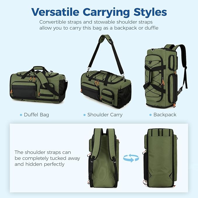 Searock 45L Gym Bag for Men, 3-In-1 Duffle Bag Backpack for Travel, Sports Duffel Bags for Gym Workout, Weekender Overnight Bag with Shoe Compartment, Wet Pocket, Green