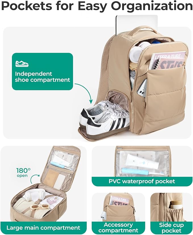 BAGSMART 30L Travel Backpack for Women, Carry on Backpack for Airplanes, Gym Backpack with Shoe Compartment, Lightweight Travel Bag Fits 15.6 Inch, Water-Resistant, Beige