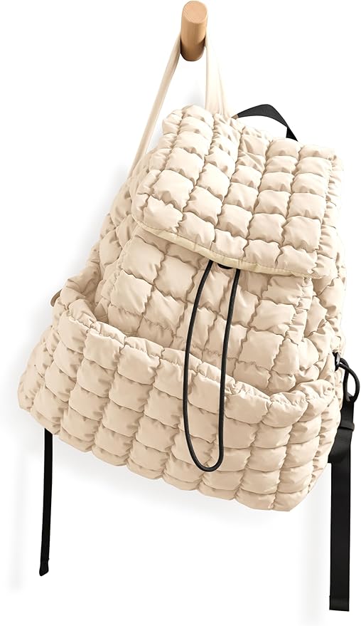 ODODOS Quilted Backpack 2.0 for Women Lightweight Puffer Hiker Pack Drawstring Padding Travel Gym Bag, Ivory