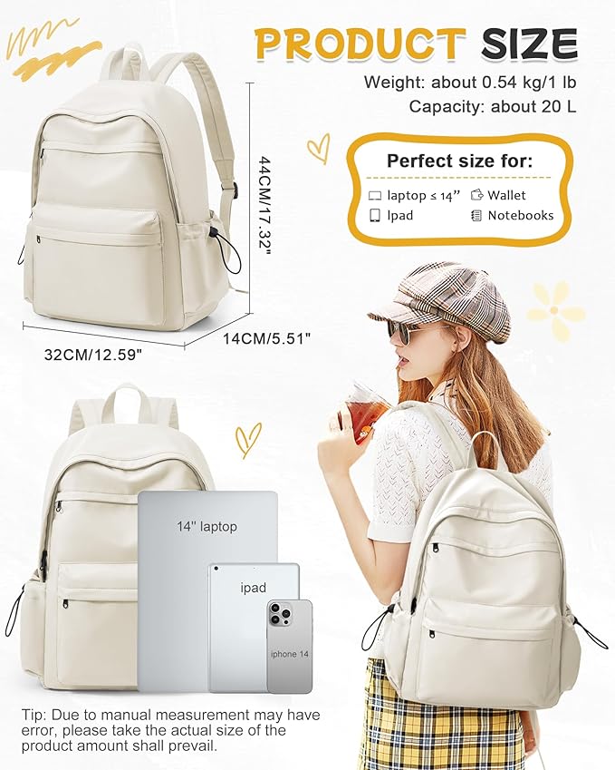 BJLFS Beige School Backpack for Girls Women Waterproof High School Book Bag Cute Backpack for Men Teens Boys, Lightweight Simple Middle School Back Pack Daypack