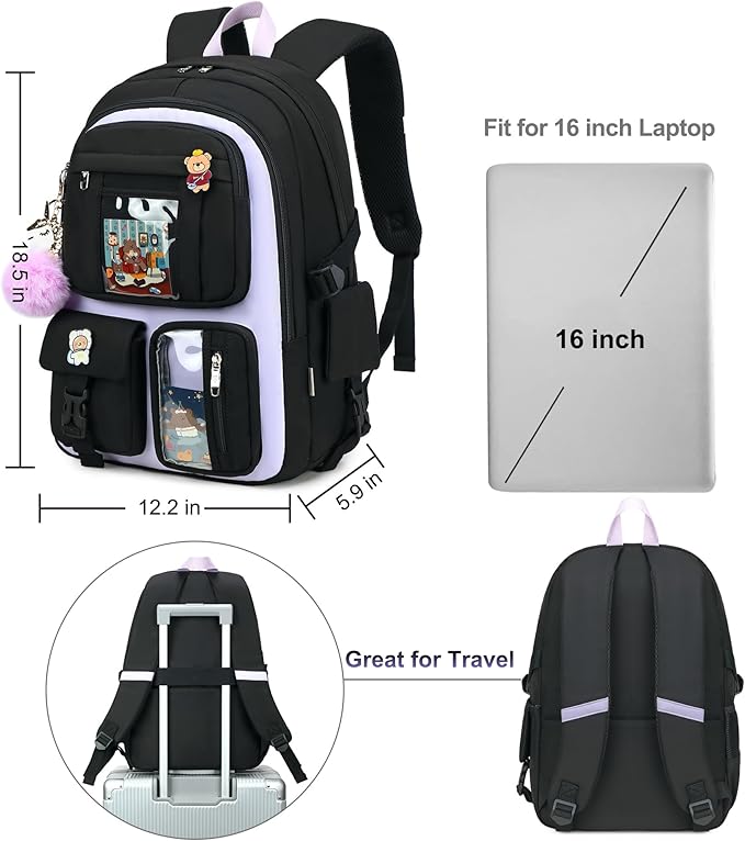 Backpack for Girls with Accessories Laptop Bookbags 16 Inch Kawaii Kids Elementary Middle High School Bag College Travel Daypack Gifts for Teens Women Students (Black Purple)