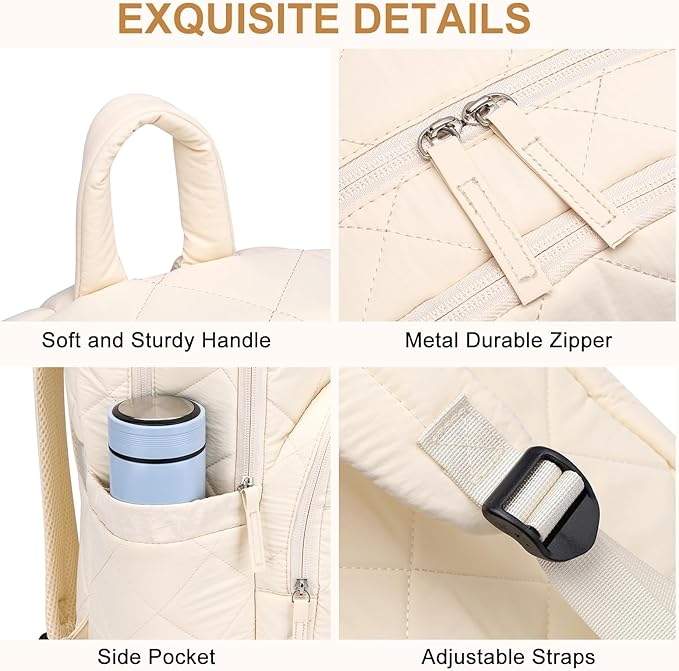 Backpack for Women, Quilted Puffer Casual Daypack, College School Backpack for Girls, Water-Resistant Bookbag for 15.6 Inch Laptop
