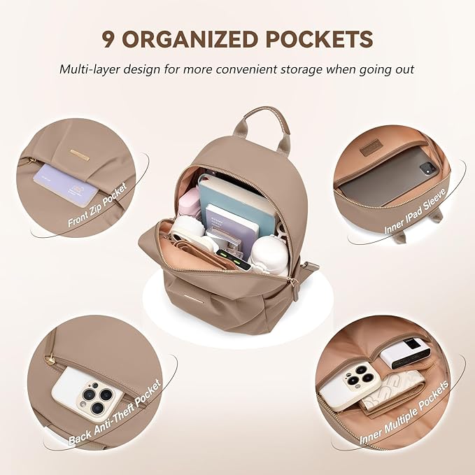 Small Backpack for Women, Cute Backpack Casual Work Daypack Purse for College Travel, fit 9.7 Inch,Champagne Brown