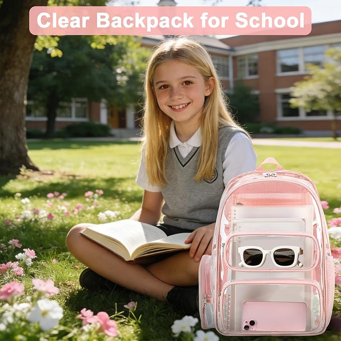 BTOOP Clear Backpack Heavy Duty Transparent Backpack 17" See Through Bookbag for College Work Festival Security Padded Strap (Pink)