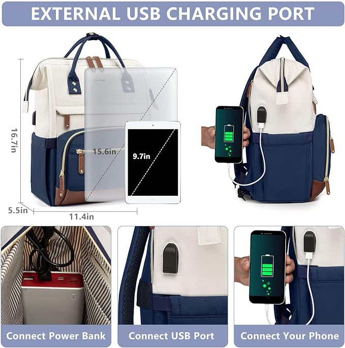 Laptop Backpack for Womem Work Bags: 15.6 Inch Travel BackPacks Durable Back Pack With USB Charging Port Anti Theft Fashion College BookBag Purse Bussiness Daypack for Nurse Teacher Navy Beige