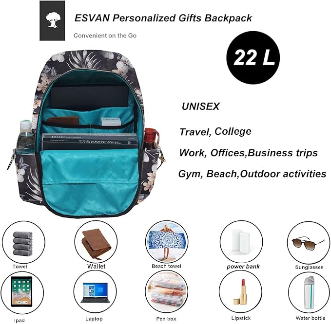 ESVAN Personalized Gifts Backpack Canvas Linen Nylon 17 inch Laptop Bag for Women Casual College