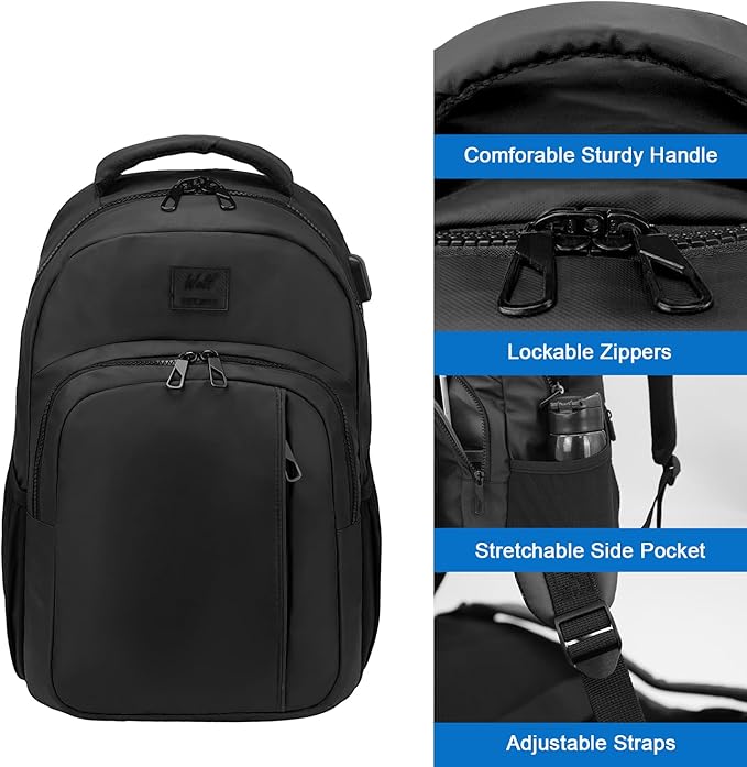 WOLT Laptop Backpack for Men Women for 15.6 Inch and 17 Inch Notebook, Travel Backpack Carry On Flight Approved with Computer Compartment, College Bookbag with USB Charging Port (Black)