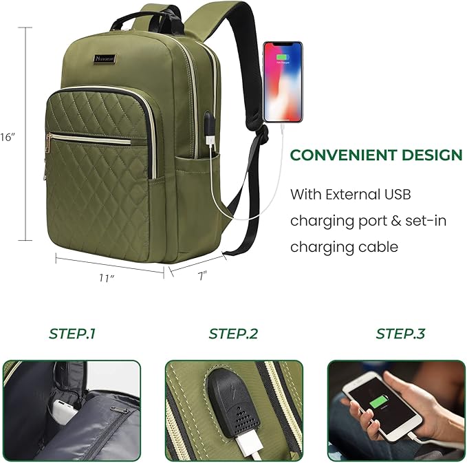 Modoker Eco-Friendly 15.6 Inch Women's Laptop Backpack, Quilted Work and Travel Backpack with USB Charging Port, Green