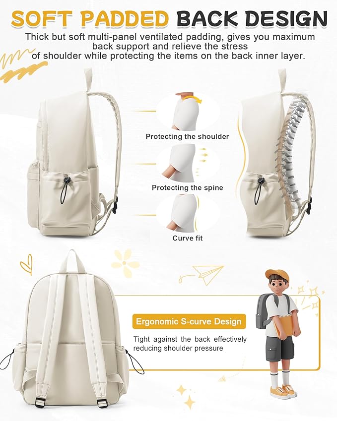 BJLFS Beige School Backpack for Girls Women Waterproof High School Book Bag Cute Backpack for Men Teens Boys, Lightweight Simple Middle School Back Pack Daypack