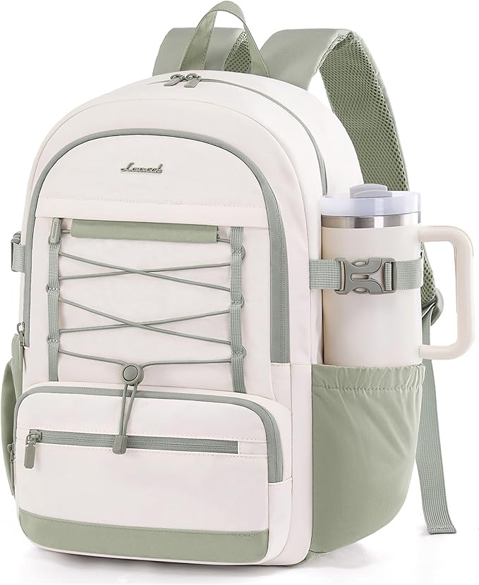 LOVEVOOK School Backpack for Teen Girls, Large Capacity College Student Backpacks with Water Bottle Holder, Cute Laptop Backpack Purse for Women, Lightweight Casual Travel Backpack, Beige-green