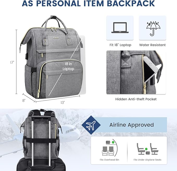 LOVEVOOK Extra Large Travel Laptop Backpack Women, 18 Inch Womens Work Backpack Purse, Waterproof Anti-theft Travel Back Pack with USB Charging Port for College Teacher Nurse, Grey