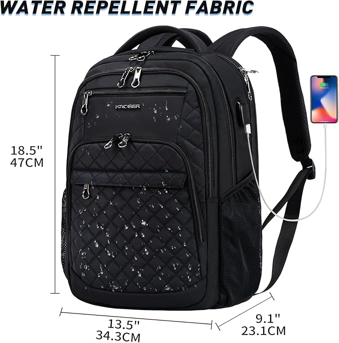 KROSER Travel Laptop Backpack 17 Inch Large Computer Backpack Water-Repellent Daypack with USB Charging Port RFID Pockets for Work/Business/College/Men/Women(Quilted)