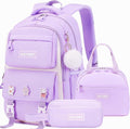 Backpack for Girls 3 PCS Cute School Backpacks Elementary Kids Book Bag with Lunch Box Pencil Case Set Laptop College Travel Back Pack Large Bookbags for Girl Teens Women Student Purple