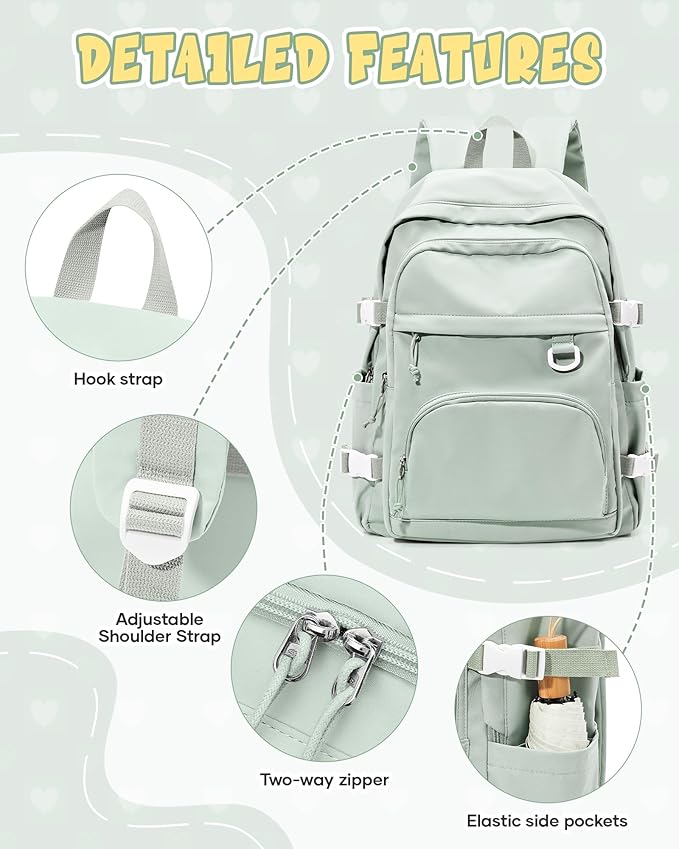 Lightweight Backpack for College & High School Backpack With Lots of Pockets Cute School Bag for Girls Boys, Large Capacity Bookbag for Women Men, Waterproof Teens Casual Daypack Backpack(Green)