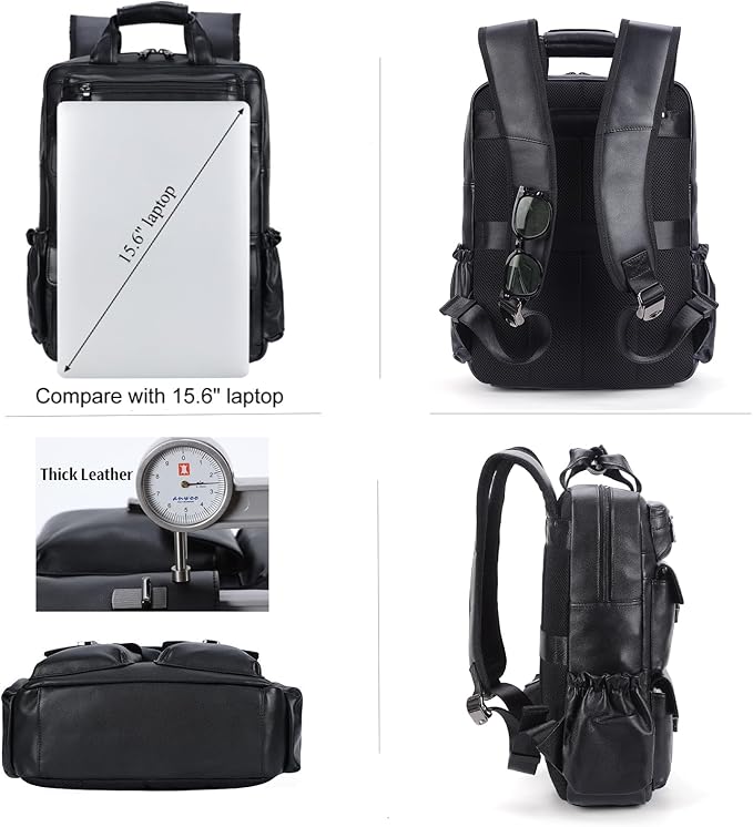 Masa Kawa Black Leather Backpack for Men 15.6 Inch Laptop Bag Multi Pockets Casual Work Business Travel Daypack