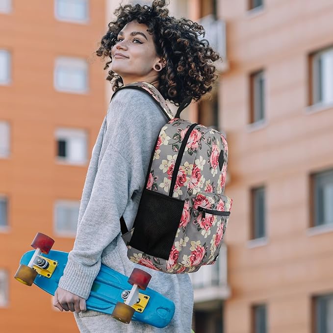 School Backpack Women and Teen Girl,Classic Bookbag Schoolbag with USB Port for High School College Office Work Travel 15.6 inch Gray Flower