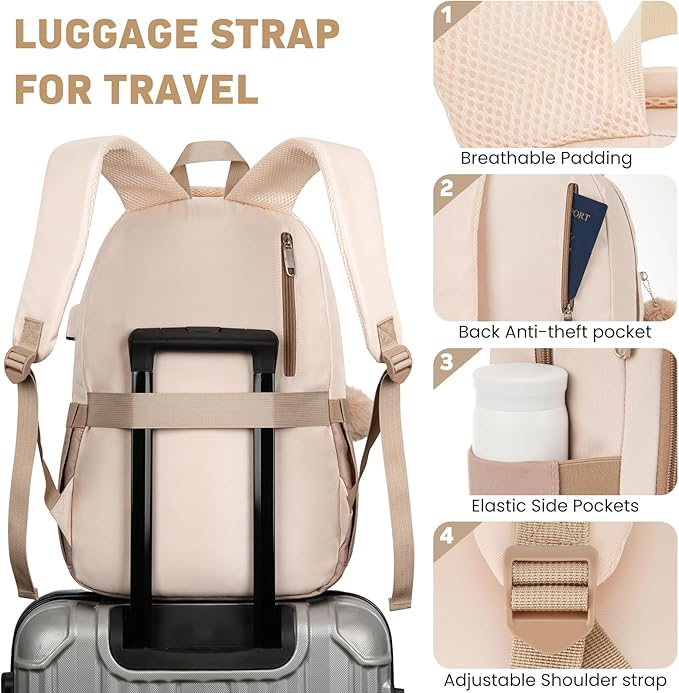 School Backpack for Girls Teens, Cute Aesthetic College Backpacks Large 17.3 Inch Laptop Bag Preppy Bookbag for Women Students Travel (Khaki Beige)