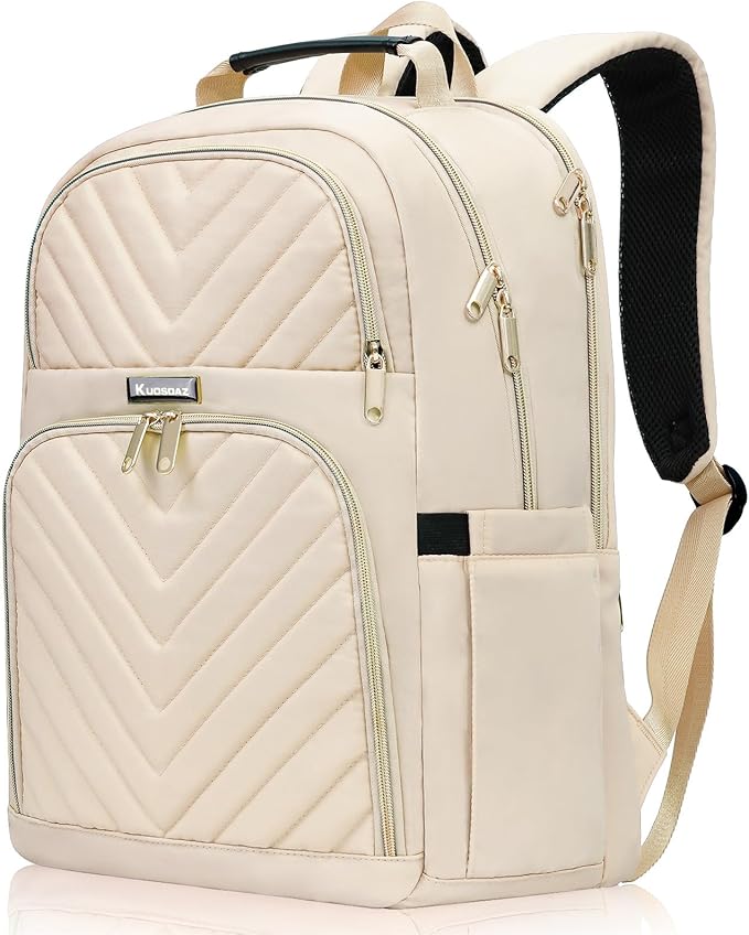 Travel Laptop Backpack for Women, 15.6 Inch Quilted Work Backpack Purse with USB Charging Port, School Backpack for Teens Girls Boys, Large Anti-theft Teacher Student Bookbags, Casual Daypacks, Beige