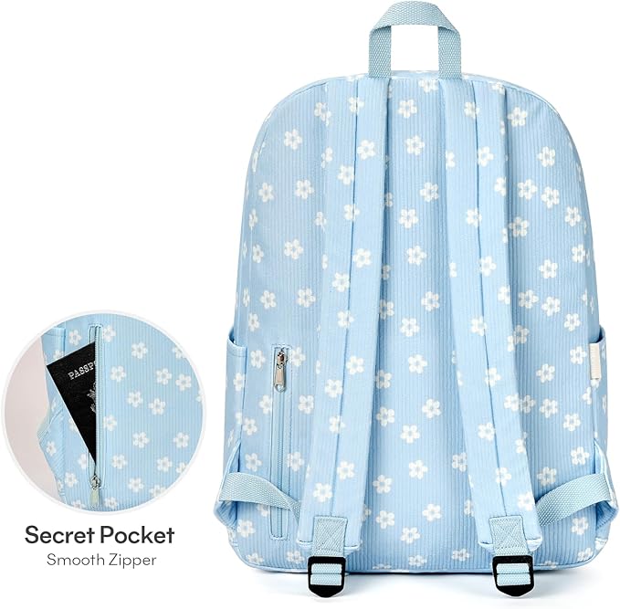 mibasies School Backpack for Girls with Laptop Sleeve: 18IN Large Capacity Corduroy Bookbag for Primary Middle School/College, Travel Daypack for Teens Women - Blue Flower