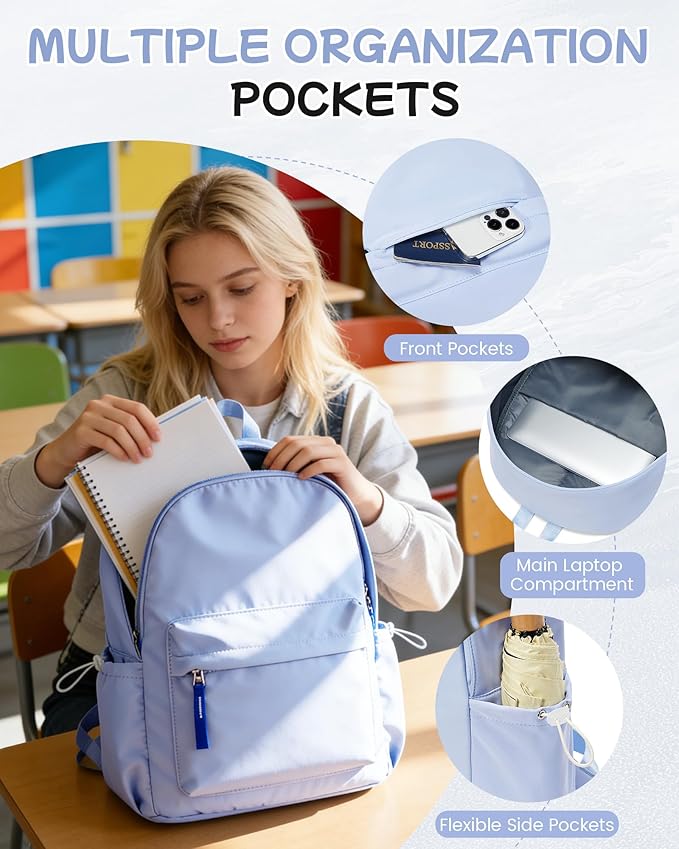 School Backpack for Teen Girls,Simple School Book Bag Waterproof High School Backpack for Boys Middle Student Bookbag College Backpack for Women Men Casual Daypack Travel Aesthetic Backpacks Blue