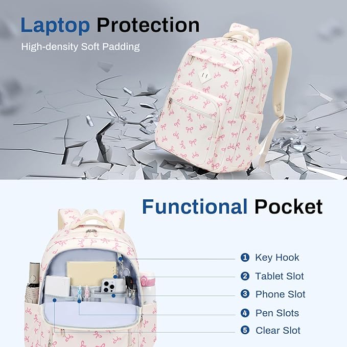 Girls Backpack, Lightweight School Backpack Multiple-pocket College Bookbag for Teen Girls Travel Backpack with Luggage Strap for Women, Beige with Pink Bow