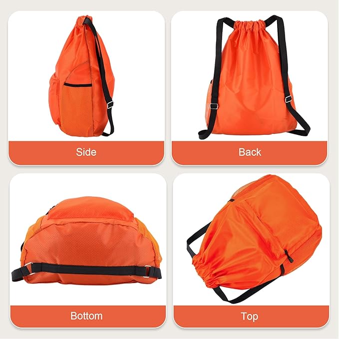 Drawstring Backpack, Gym Bag with Water Bottle Pocket, Waterproof String Backpack for Soccer, Basketball, Swim for Women Men (Orange)