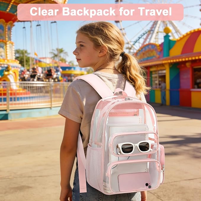 BTOOP Clear Backpack Heavy Duty Transparent Backpack 17" See Through Bookbag for College Work Festival Security Padded Strap (Pink)