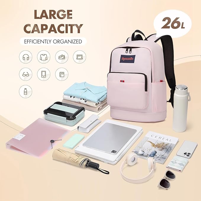 Classic Casual Backpack, Lightweight Daypack with 10 Pockets, Laptop Compartment, EVA Foam Pad (Light pink)