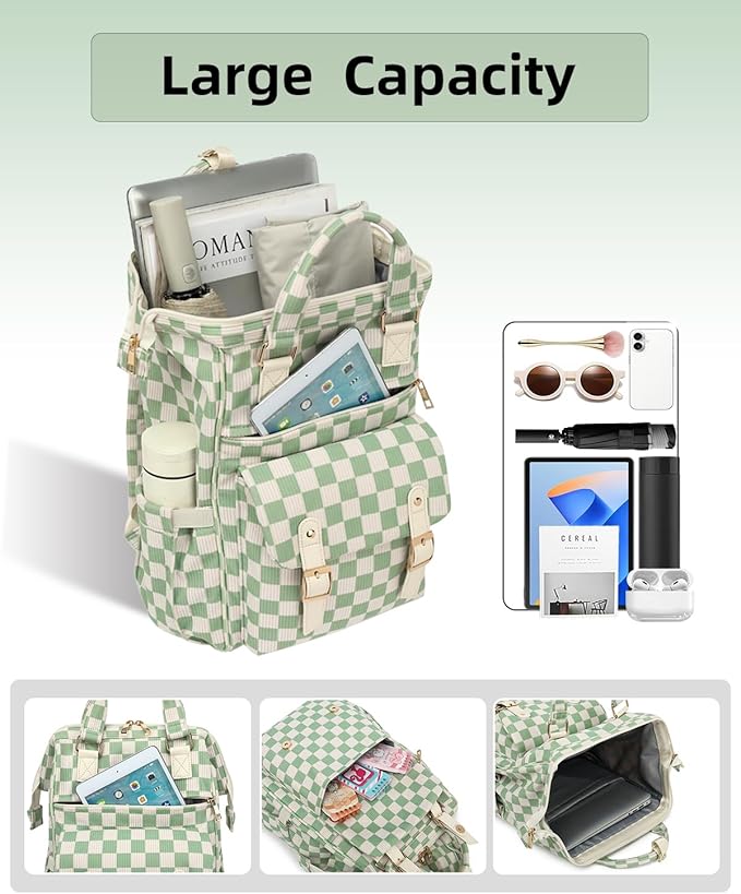 Laptop Backpacks for Women, Corduroy High School College Bookbag 15.6 Inch Laptop Bags for Girls Travel Daypack - Checkered Green