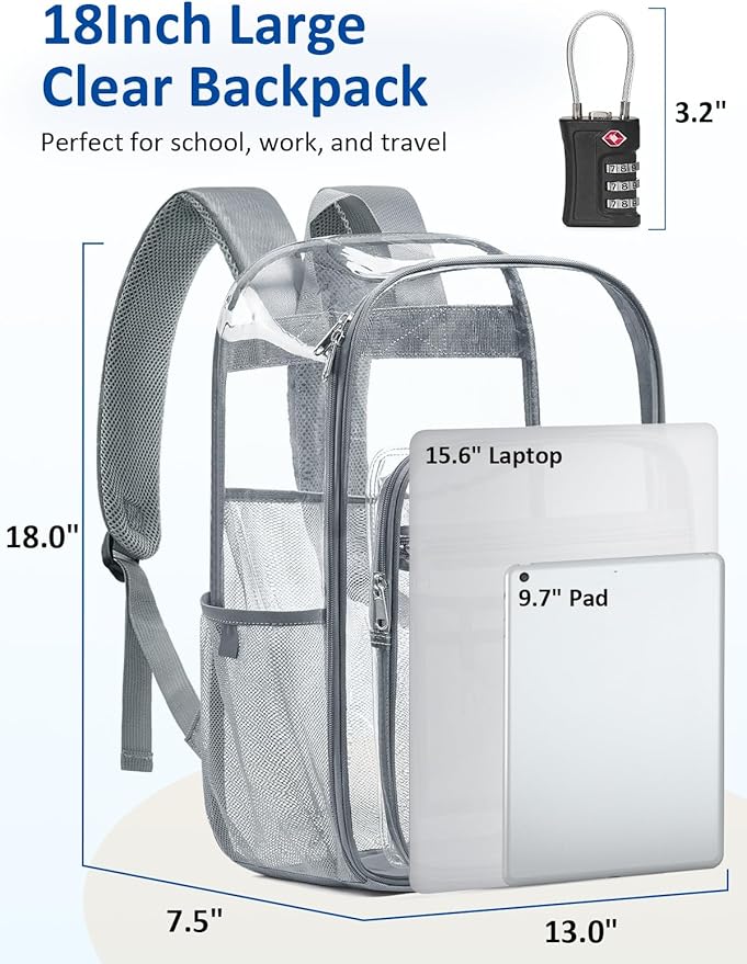 Extra Large Clear Backpack with TSA Lock, Heavy Duty Transparent See Through Clear Bookbag for College, Work, Travel, Casual Sport, Grey