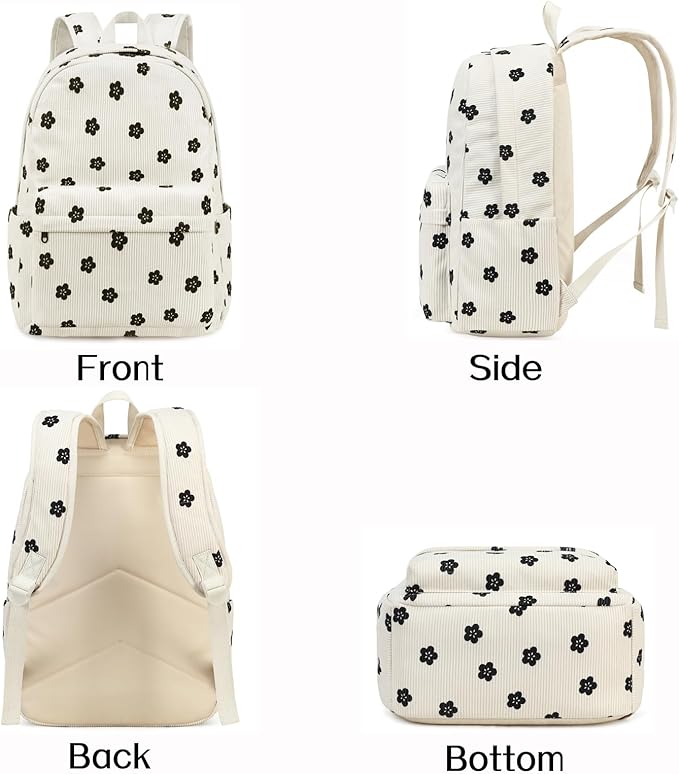 School Backpack for Girls Laptop Backpack for Teen Women Preschool Kindergarten Elementary Kids Bookbags Travel Daypack with Lunch Bag and Pencil Case (Corduroy Floral)