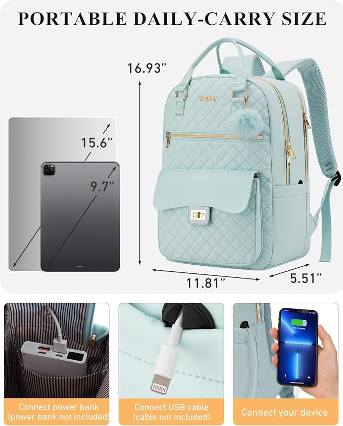 Girls Backpack, Aesthetic School Bag with Charging Hole for Kids Elementary Middle High School College Women Teens Bookbag, Green