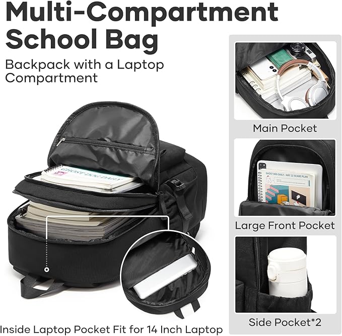 School Bag, Water Resistant School Backpack for Teen Girls Boys, 14 Inch Laptop Backpack for Women Men, Durable Lightweight Bookbag for Middle High School & College, Travel Daypack, Black