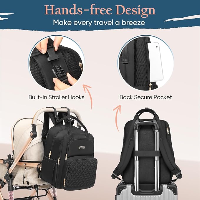 Diaper Bag Backpack - Extra Large Diaper Bag for 2 Kids Twins (Expandable 30-38L) - Travel Baby Backpack with Changing Pad for Mom Dad (Quilted, Water Resistant, Black)