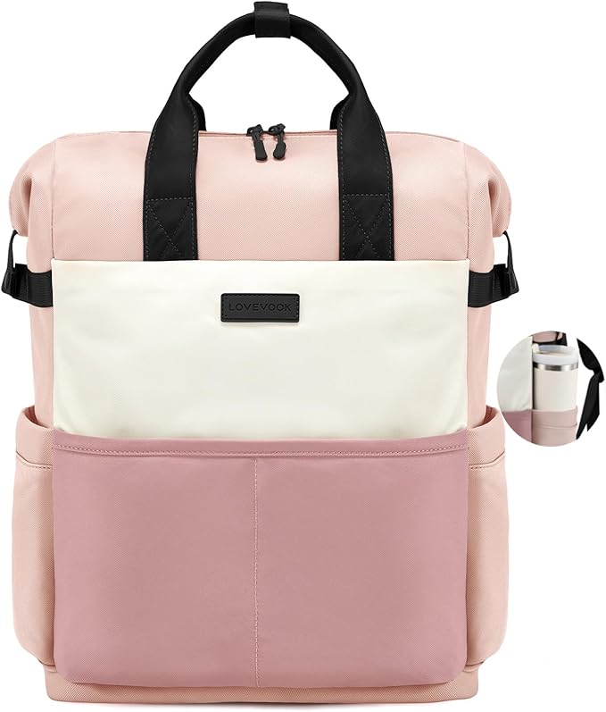 LOVEVOOK Laptop Backpack for Women, 15.6 Inch Work Travel Backpack Purse for School College Bookbag for Teen Girls Cute Computer Bag for Teacher Nurse Business, Pink-Beige