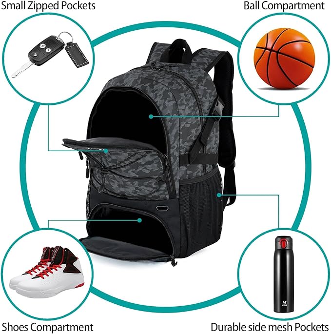 WOLT Basketball Backpack Large Sports Bag with Separate Ball Holder & Shoes Compartment, Best for Basketball, Soccer,Gym