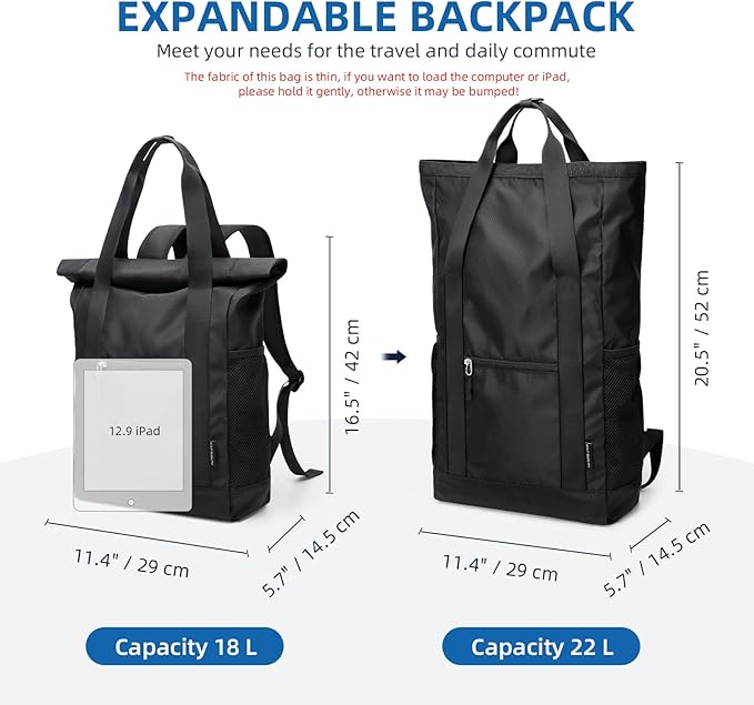 Foldable Convertible Tote Backpack Lightweight Versatile Nylon Daypack for Women Men Work Leisure Travel,Black