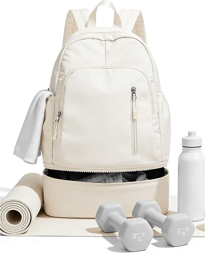 BJLFS Gym Backpack for Women Foldable Outdoor Weekender Gym Bag with Shoe Compartment & Wet Pocket, Waterproof Sports Backpack, Dance Back Pack & Yoga Track Bag-Beige