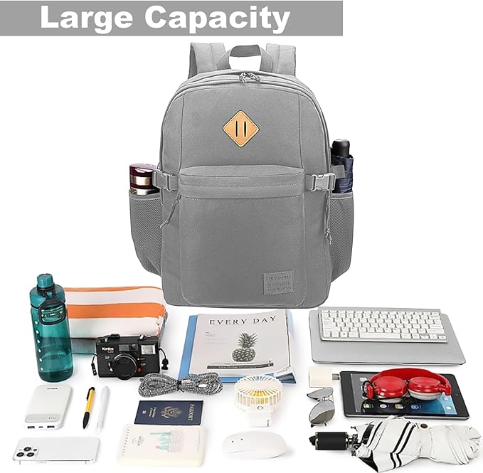SUPACOOL Casual Backpack For School, Classical Travel Backpack for Men and Women, Bookbag for Boys, Girls and Kids, Laptop Compartment(Light Grey)