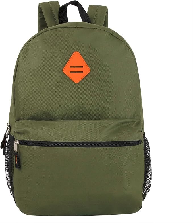 Trail maker Large School Backpacks with Mesh Side Pockets – Classic 19 Inch Solid Color Backpacks for Kids, Men, Women, Travel (Green & Orange)