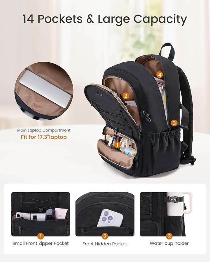 LOVEVOOK Laptop Backpack for Women & Girls, Large Capacity Everyday Backpack with Water Bottle Holder, Chic Versatile Backpack Purse, Lightweight Casual Daypack for Work, Travel, College, Black