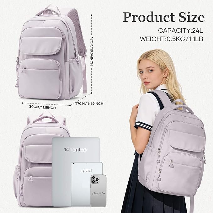 Cute School Backpack for Teens Girls Boys Waterproof School Bag Basic Backpack for College Students Multi Pocket Backpack Lightweight Casual Daypack Backpacks for Women Men（Purple）
