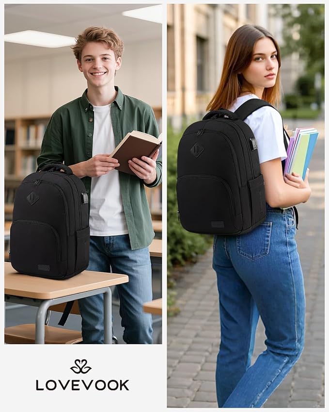LOVEVOOK School Backpack for Women Men Black Backpack with 17.3" Laptop Compartment Lightweight Bookbag for College Work High School